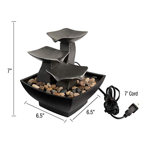 Pure Garden 50-Lg5064 Tabletop Water Fountain-3 Tier, 7-Inch Raku Bowl Waterfall, River Rocks, Electric Pump And Soothing Sounds For Office And Home Decor, Silver And Black #TOP1