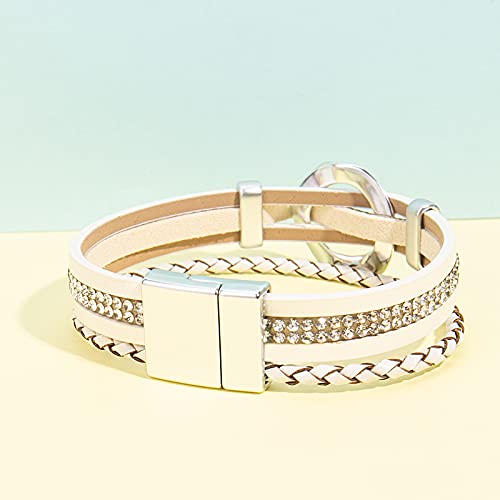 Fancy Shiny Leather Cuff Bracelet Circle Rhinestone Wrap Bracelet Stackable Multi Layer Wristband With Clasp Boho Jewelry Gift For Women(White) #TOP4