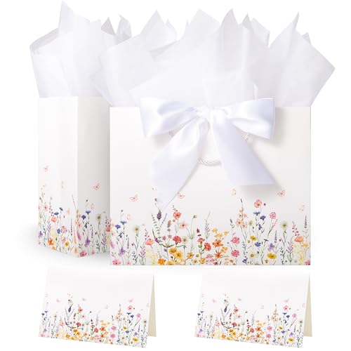 Crisky Wildflower Floral Gift Bags 2 Pack – for Baby Showers, Girls Gifts, Spring Tea Party & Bridal Showers (Includes Tissue Paper, Ribbon & Card)