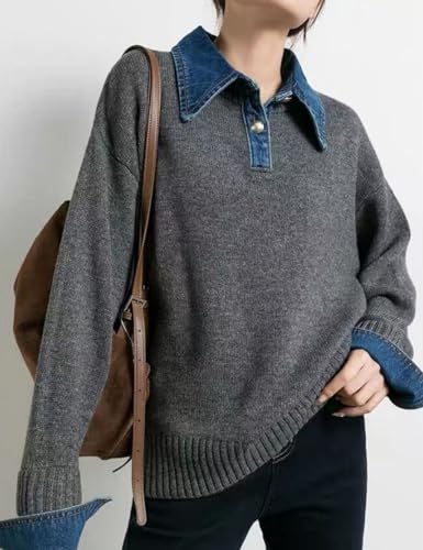 Image of Womens Denim Lapel Sweater Oversized Long Sleeve Button Down Polo Knit Pullover Sweaters 2025 Fall Outfits