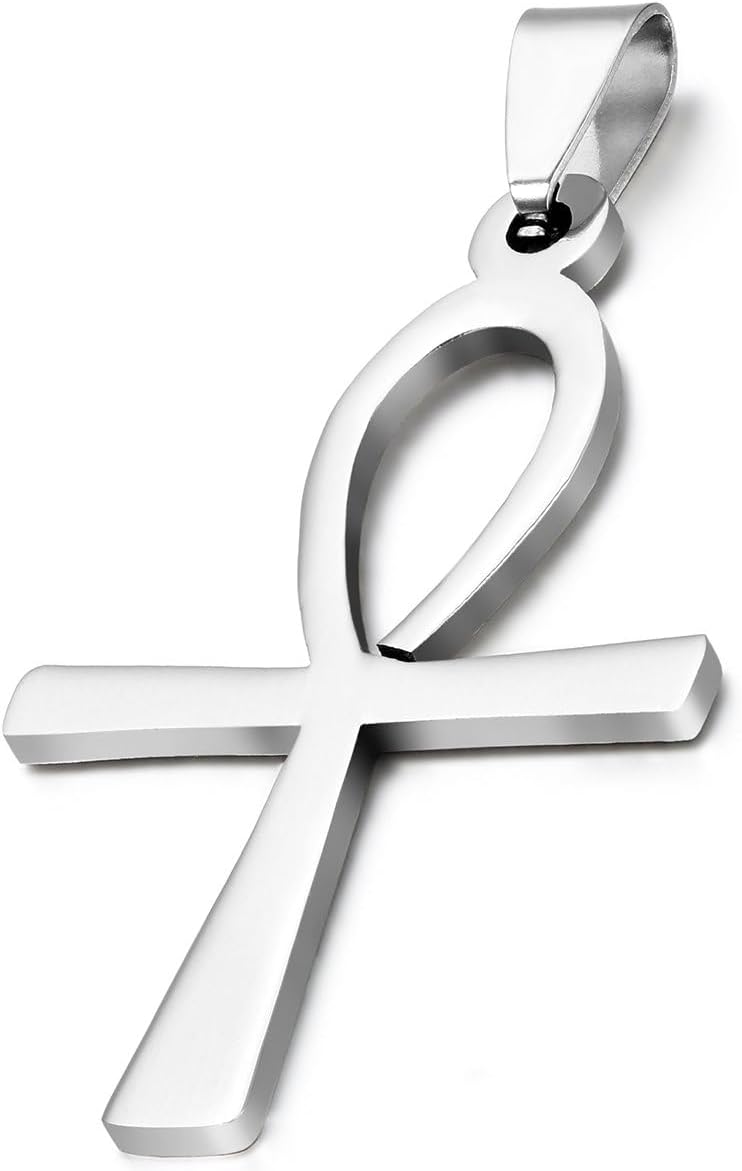 Men's Womens Tribal Stainless Steel Silver Egyptian Ankh Cross Pendant Collectible Egypt Necklace, 22 inch Chain
