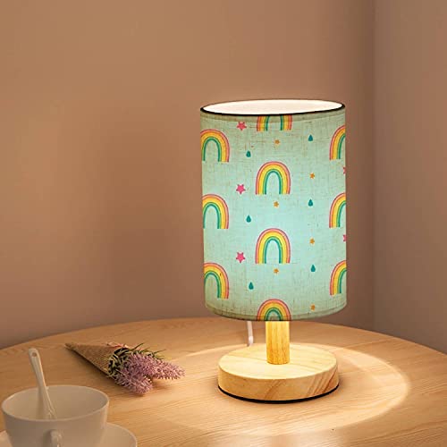 Minimalist Bedside Table Lamp Background With Rainbows Stars And Rain Drops Solid Wood Nightstand Lamp Bedside Desk Lamp Wood Base Flaxen Fabric Shade For Bedroom Living Room #TOP1