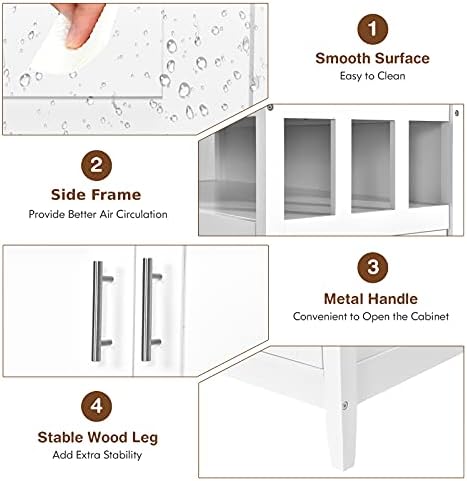 COSTWAY Sideboard Storage Cabinet, 5-Position Adjustable Shelf Buffet Server Console Table with Doors, Wooden Dining Room Kitchen Cupboard (White, 114x51x91cm, 90kg Capacity Totally)