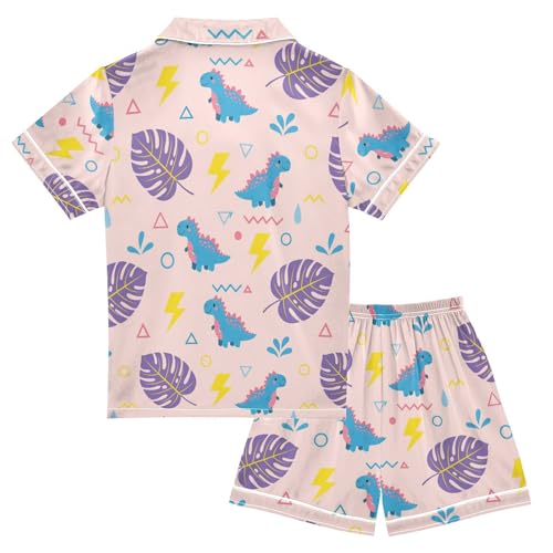 Satin Pajama Sets Short Sleeve Dinosaur Leaves Triangle Button Down Silky Nightwear 2 Piece PJS 5-14Y2