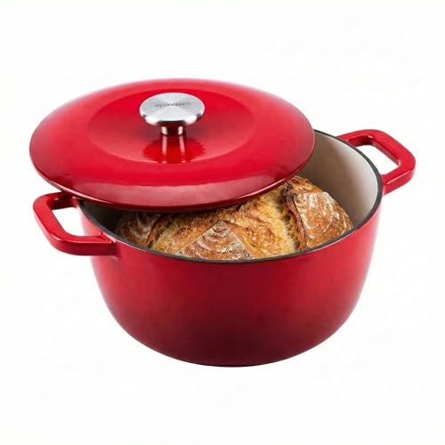 Image of WOKINS 7QT Enamel Cast Iron Dutch Oven with Lid,Dual Handles,Versatile Heavy-Duty Non-toxic Cookware for Sourdough Bread Baking,Braising,Stews,Roasting,Oven Safe up to 500°F red