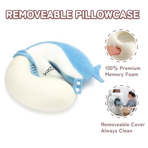 Image of Memory Foam Kids Travel Neck Pillow for Ages 9+, Removable Cover, Shark | Machine washable, 17 in neck size for teens and adults, 360-degree head and chin support, car and airplane use