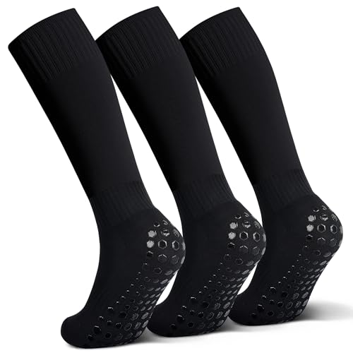 Raigoo Grip Soccer Sock For Kids(4-16 Years Old), Non Slip Sport Athletic Team Knee High Socks For Youth Boys & Girls, 3 Pairs Black, 8-11 Years