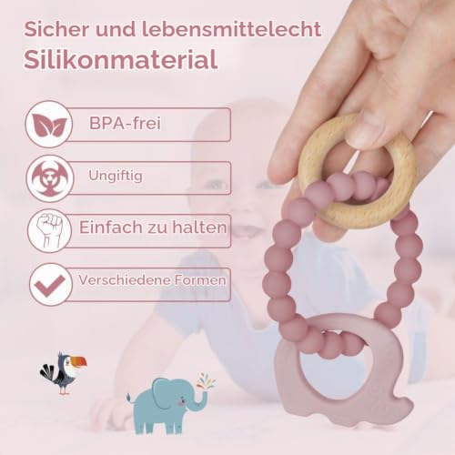 Vicloon Beißring für Babys, Elefant Beißring Spielzeug aus Silikon und Holzringe, Baby Zahnungshilfe BPA-frei… – Ansicht 5