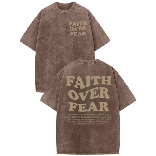 Image of Christian Shirts for Men Faith Over Fear Oversized Shirt Acid Wash Tshirt Graphic Religious T Shirt Bible Verse Tees