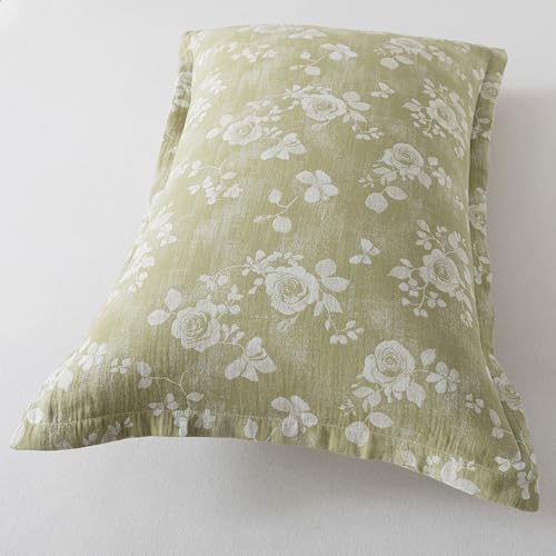 Image of FADFAY Sage Green Sheets Set Queen 100% Cotton Washed Double Gauze Muslin Bedding 4Pcs Vintage Rose Floral Sheets Shabby Cottagecore Bedding Soft & Breathable Deep Pocket Fitted Sheet, Queen Size