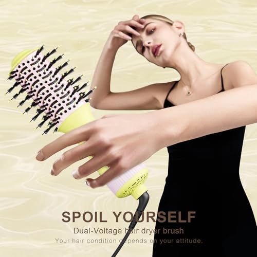 Image of Auto Dual Voltage Hair Dryer Brush Blow Dryer Brush In One- International Travel Essentials For Women - Cepillo Secador De Cabello 2 inch Oval Size Hair Curler /Straightener Portable Mini Hair Styling Tool