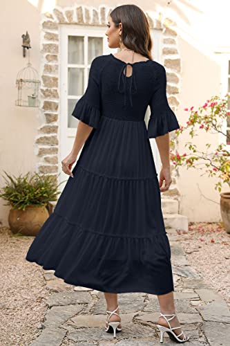 Lillusory Womens Dress Navy Blue Ruffle 2023 Ladies Summer Midi Maxi Dress Trendy Casual Smocked A-Line Flowy Long Boho Dresses With Sleeves #TOP5