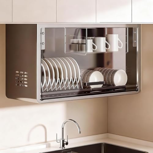 Escurridor de platos de pared gris plomizo de 60cm con estante y puerta de cristal 2