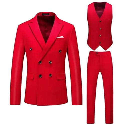 Men Full Notched Lapel Double Breasted 3-Piece Wedding Graduation Casual Banquet Suit Red