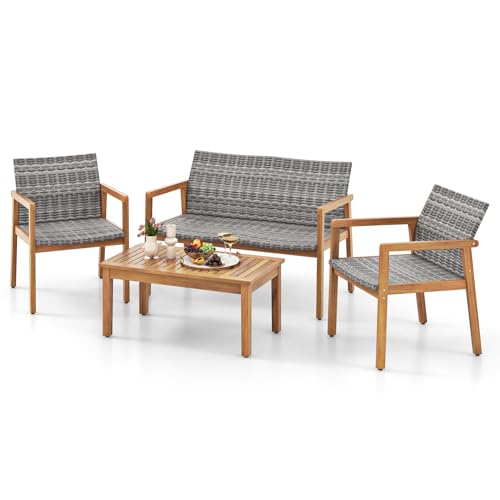 Tangkula 4 Pieces Outdoor Furniture Set, Acacia Wood Frame Sofa Set w/Rattan Seat & Back, Patio Conversation Set w/Coffee Table for Balcony, Poolside, Backyard (Mix Gray)