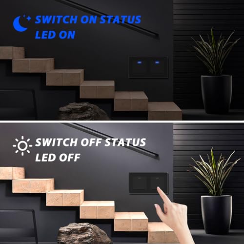 BSEED Lichtschalter Unterputz mit Steckklemme, Lichtschalter Glas 1 Fach 1 Weg+1 Fach 1 Weg, Taster Schalter Unterputz mit LED Kontrollleuchte, Wandschalter für Wohnzimmer, Büro, Küche-Schwarz
