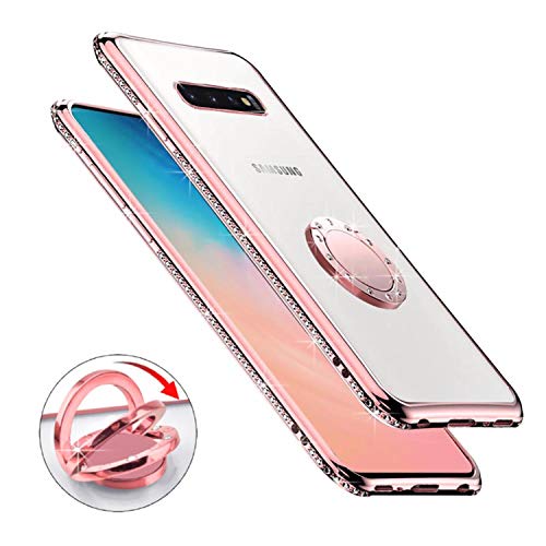 Newseego Compatible con Funda Samsung Galaxy S10 Plus S10 +, Caja Durable Protectora del teléfono del Brillo TPU, 360° Rotación Bling Rhinestone Diamante Soporte de Anillo de Parachoques-Oro Rosa