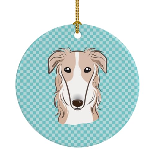Caroline's Treasures Checkerboard Blue Borzoi Ceramic Ornament Christmas Tree Hanging Decorations for Home Christmas Holiday, Party, Gift, 3 in, Multicolor