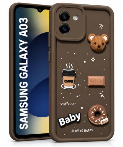 Image of Bintage Back Cover Compatible for Samsung A03 -SM-A035F | Cute Fun Ball | 3D Taddy Smiley Coffee | Milk Case | Full Body Protection - Brown