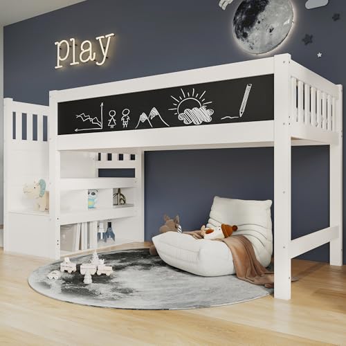 Merax Kinderbett Halbhochbett 90x200 cm, mit Whiteboard&Tafel für Kinder, Hochbett mit Treppe Staufach Stauraum-austauschbar, Lattenrost und Rausfallschutz, Ohne Matratze, Weiß/253x97x112cm