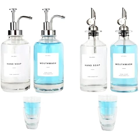 Molimoli Hand Soap Dispenser, Bathroom Soap Dispenser Set, Glass Mouthwash Dispenser, Set of 2 500ml | Mouthwash Dispenser for Bathroom, Mouthwash Dispenser with Cups, Set of 2 350ml, Silver Cover