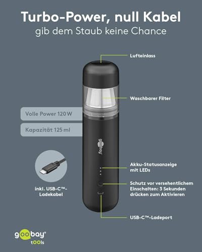 goobay Mini-Staubsauger Superior/Akku-Handstaubsauger für Auto, Haus, Wohnmobil, 120W, 7 Düsen, 3 Bürsten/Ideal für Tastaturen und schwer zugängliche Ecken, Gebläsefunktion - 77829