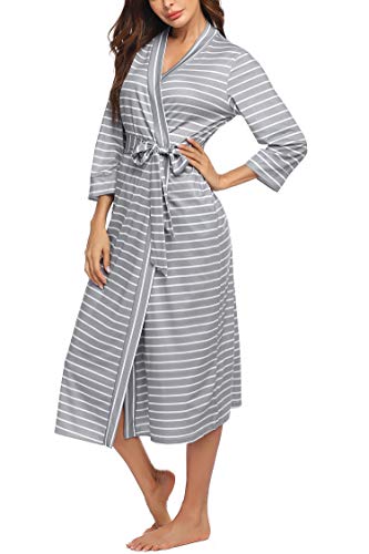 Maxmoda Women Soft Robe Striped Long Bathrobe Night Robe With Pockets(Gray&White Stripe,S) #TOP2