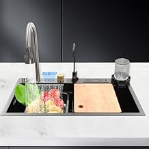 Digital Display Smart Kitchen Sink, Nano Honeycomb Embossed 304 Stainless Steel Single Bowl Waterfall Sink, 29.5 x 17.7 x 8.6 Inch Top/Under/Flush Mount Multifunctional Sink with Cup Washer