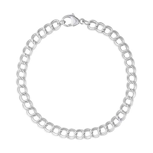 Sterling Silver Small Double Link Dapped Curb Classic Charm Bracelet, 8 Inches
