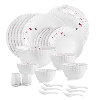 CELLO Lush Fiesta Dazzle Series Opalware Dinner Set of 35 Pieces for Family of 6 | Bone-Ash Free & Leadfree Opal Glass, Microwave & Dishwasher Safe, Plates & Bowls Crockery Set for Dining & Gifting