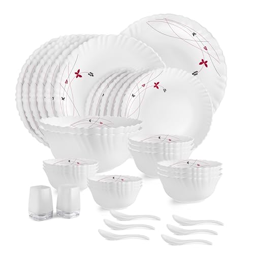 Cello Opalware Dazzle Series Lush Fiesta Dinner Set, 35 Units | Opal Glass Dinner Set for 6 | Light-Weight, Daily Use Crockery Set for Dining | White Plate and Bowl Set