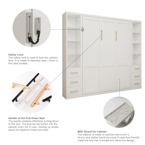 Image of KEIKI Queen Size Vertical Cabinet Murphy Bed with 2 Side Cabinet, Multifunctional Foldable Hideaway Wall Metal Bed Frame with Slats, No Box Spring Needed, Easy Assembly, for Bedroom, Guest room, White