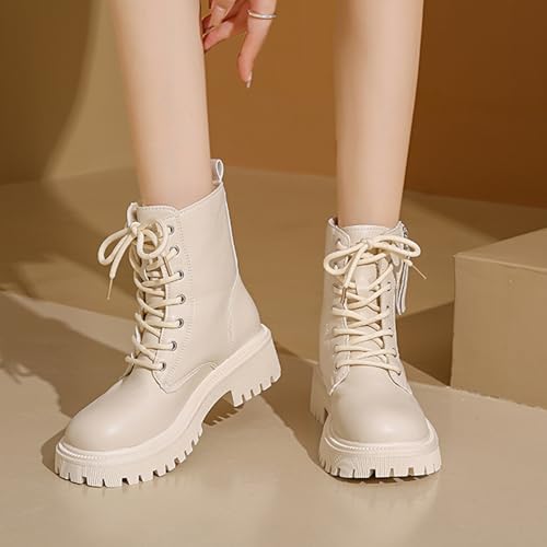 Women's Leather Lace Up Combat Platform Ankle Boots with Double Side Zipper Classic Round Toe Chunky heel Lug Sole Non-Slip Mid Calf Booties2