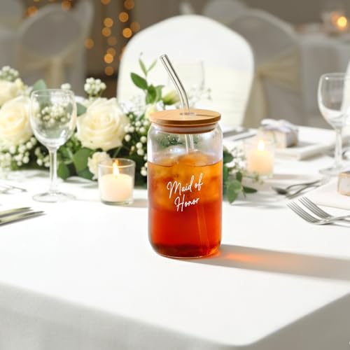 BUZCOZY Maid of Honor Glass Tumbler Set,16oz Glass Cup with Bamboo Lid,Straw & Coaster,Bridal Shower & Wedding Thank You Gift for Women — view 2