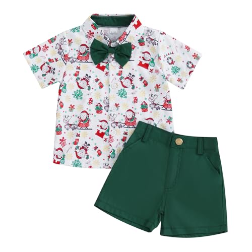 KtwHarnu Toddler Baby Boy Christmas Outfit Button Up Short Sleeve Bowtie Shirt and Shorts Set Gentleman Outfits Suit (A-Green, 6-12 Months)