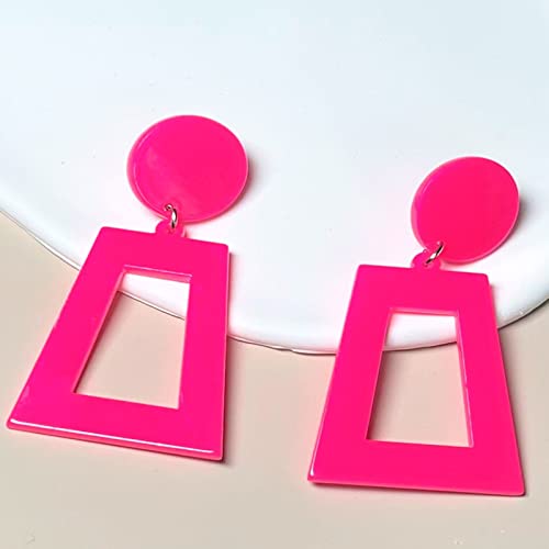 Vintage Minimalist Multicolor Acrylic Geometric Square Hollow Drop Dangle Neon Earrings Retro 82S Party Costume Accessory Jewelry For Women Girls-Pink 1 #TOP17