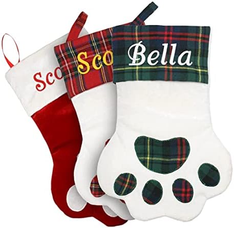 GoTags Personalized Christmas Stocking for Dogs and Cats, Paw Shape Stocking Custom Embroidered with Pet Name
