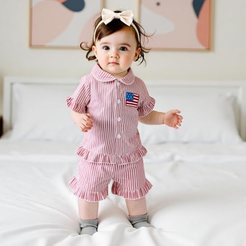 Toddler Baby Boy Girl 4th of July Pajamas American Flag Embroidery Striped T-Shirt Shorts Kids Nightgown Summer PJs2