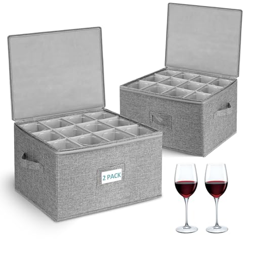 Cirhy Wine Glass Storage Box Hard Shell, 10'' Tall Stemware Storage Containers for Moving, Holds 24 Crystal Glasses & Flutes, Stackable Glassware Chest with Dividers, Grey (2-Pack)