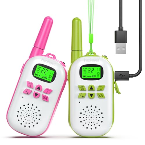 Inspireyes Walkie Talkie Niños Recargable, 48 Horas de Tiempo de Trabajo, 3 kilómetros de Largo Alcance, Regalos de Cumpleaños, Juguetes al Aire Libre para niños de 3 a 12 años, Paquete de 2