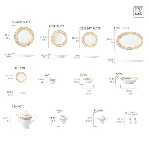 Joseph Sedgh Collection 57-Piece Bone China Dinnerware Set, Service for 8, White and Golden Greek Key