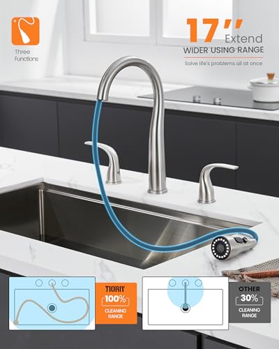 TIORIY 3 Hole Kitchen Faucet with Pull Down Sprayer, Brushed Nickel, Double Handle High Arc Faucet for Kitchen Sink with 3 Mode Spray, Stainless Steel, T-3005BN - Thumbnail 3