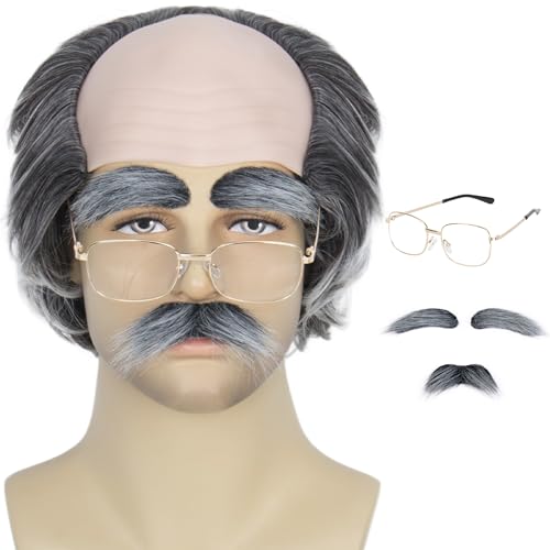 Miss U Hair Old Man Wig and Mustache Eyebrows Short Grey White Bald Cap With Hair On Sides Balding Grandpa Wig