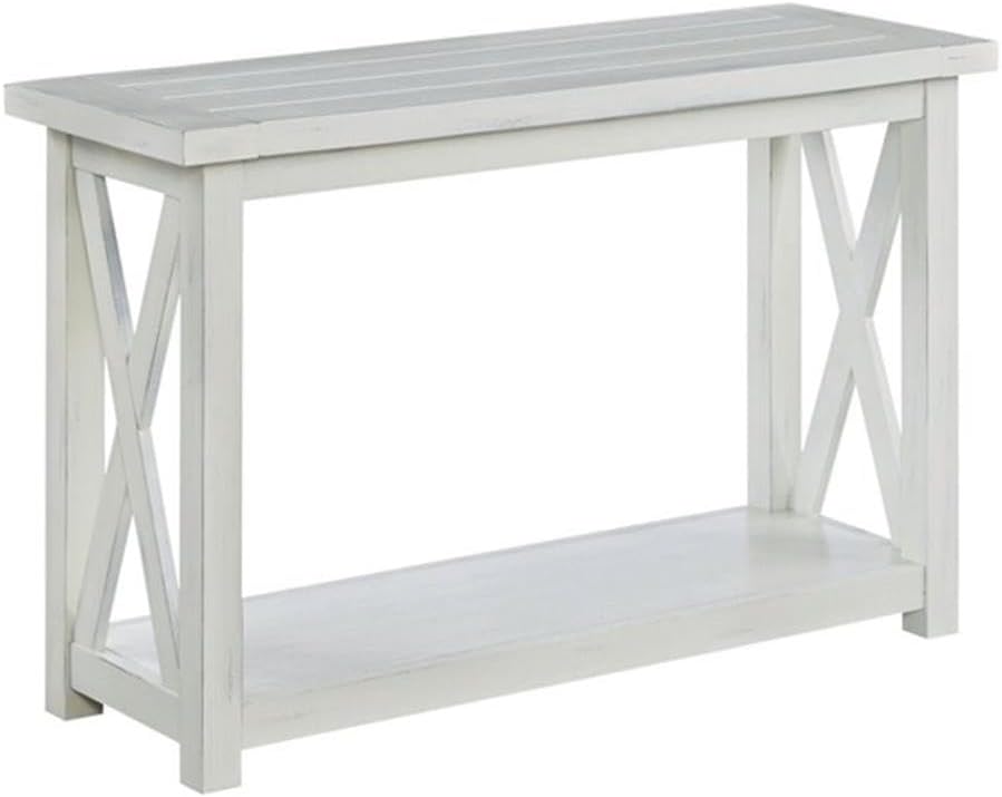 Pemberly Row Rustic Wood Console Table, 48 in Wide with Lower Shelf, Mahogany and Wainscot Panels, Hand-Rubbed White Painted Finish, Cottage Style Sofa Table or Console for Living Room or Entryway