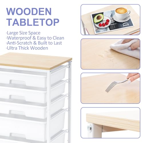 Image of SYKIARIOL Utility Cart with 5 Drawers,Storage Drawer Cart with Wooden Tabletop and Lockable Wheels,Craft Storage Trolley Cart,5-Tier Rolling Utility Cart on Wheels,Bright White