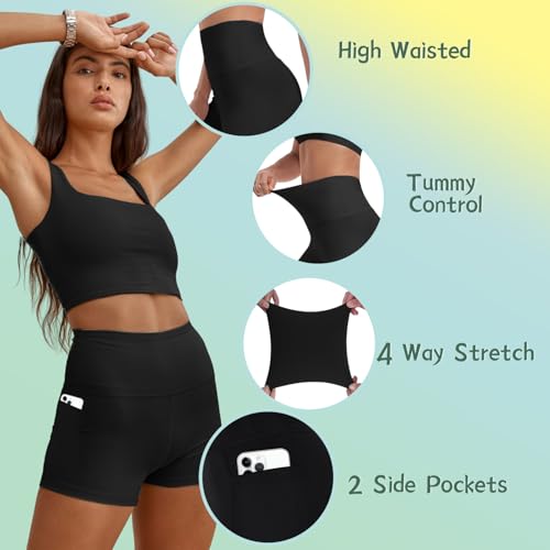 BLONGW Radlerhose Damen mit Taschen Kurze Hose Sporthose High Waist Leggings Blickdicht Sportshorts Elastische Yogahose Sommer Hotpants Dehnbar Laufhose für Gym Sport Shorts Fitness Alltag