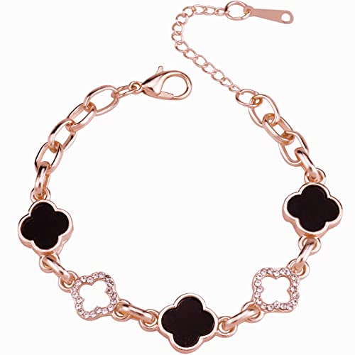 Riuziyi Lucky Clover Bracelet, Adjustable Four Leaf Charm Bracelet Link Metal Cute Jewelry Rhinestone Clover Chain Bracelet For Women Girls Mother's Day Christmas Gift (Black) #TOP7