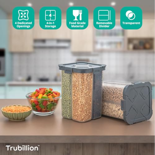 Image of TRUBILLION SplitBox 4-Section Kitchen Food Storage Container,2000ml BPA-Free Transparent,Black Lid,Removable Divider,Freezer Safe,Stackable Space,Saving Design,For Pulses,Snacks,Dry Fruits (Grey)