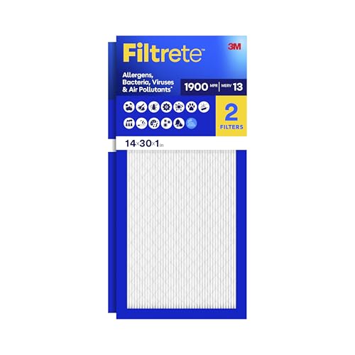 Filtrete 14x30x1 Air Filter, MERV 13 MPR 1900, Allergens, Bacteria, Viruses & Air Pollutants, 3-Month AC/Furnace Filters, Cleaner Air Reliable Airflow, 2 HVAC Filters(Act Size 13.81x29.81x0.78 in)