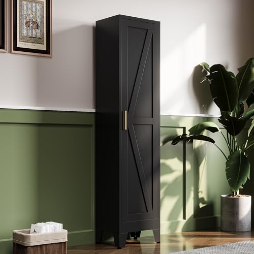 Image of QPRVPTOW 67“H Metal Narrow Kitchen Pantry Cabinet,Black Skinny Pantry Cabinet,Tall Narrow Bathroom Storage Cabinet with Adjustable Shelves,Slim and Thin Pantry Cabinets for Living Room Dining Room